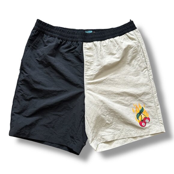 A.LAB Taffy Cherry Dice Black & Beige Two-Tone Board Shorts Men's Size Large 90s - Picture 2 of 15